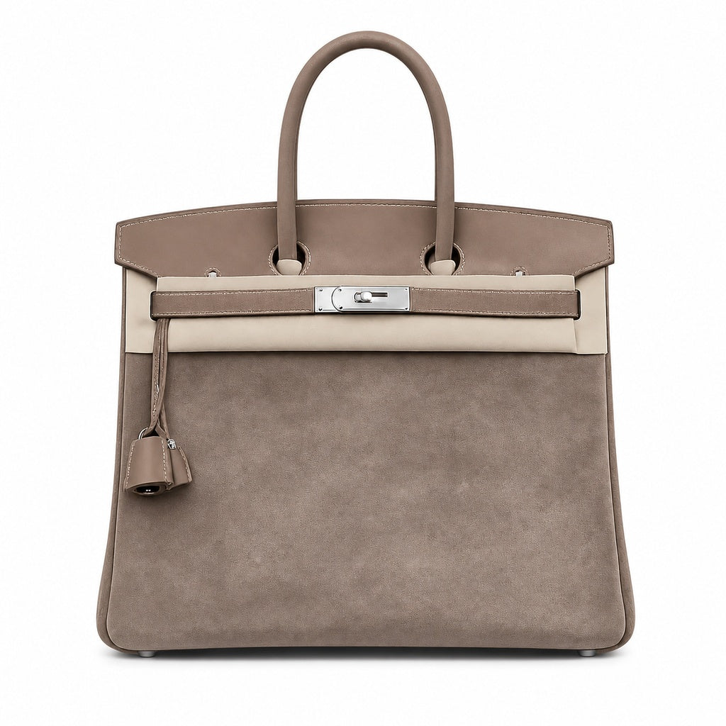 Birkin 30 Retourne in Etoupe Suede Grizzly with White Stitching (Palladium Hardware) — Distinctive Carryall Silhouette