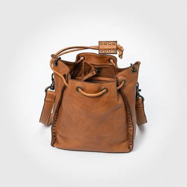 Vintage Brown Large Volume Leather Bucket Bag with Rivet Hardware