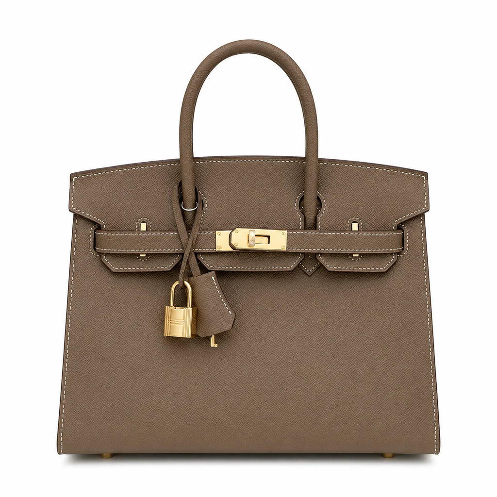 Birkin Style 25/30 Sellier in Etoupe Epsom Leather with White Stitching (Gold Hardware) — Distinctive Carryall Silhouette