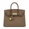 Birkin Style 25/30 Sellier in Etoupe Epsom Leather with White Stitching (Gold Hardware) — Distinctive Carryall Silhouette