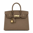 Birkin Style 25/30 Sellier in Etoupe Epsom Leather with White Stitching (Gold Hardware) — Distinctive Carryall Silhouette