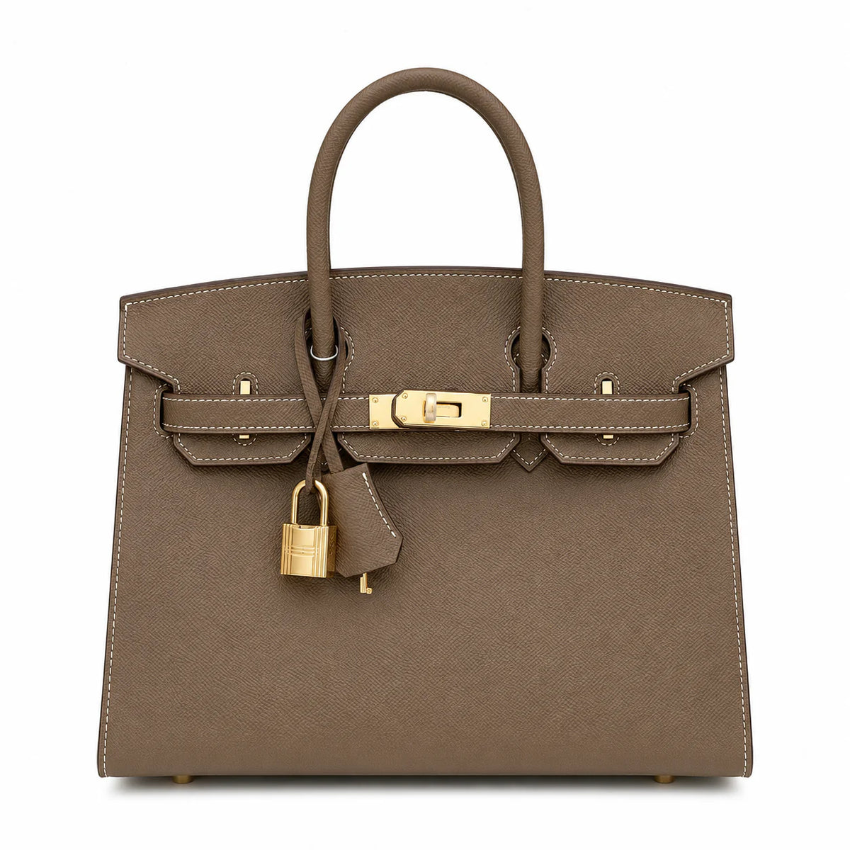 Birkin Style 25/30 Sellier in Etoupe Epsom Leather with White Stitching (Gold Hardware) — Distinctive Carryall Silhouette