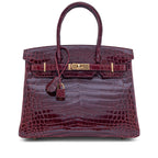 Birkin Bordeaux Shiny Porosus Crocodile Gold Hardware — Timeless Structured Handbag