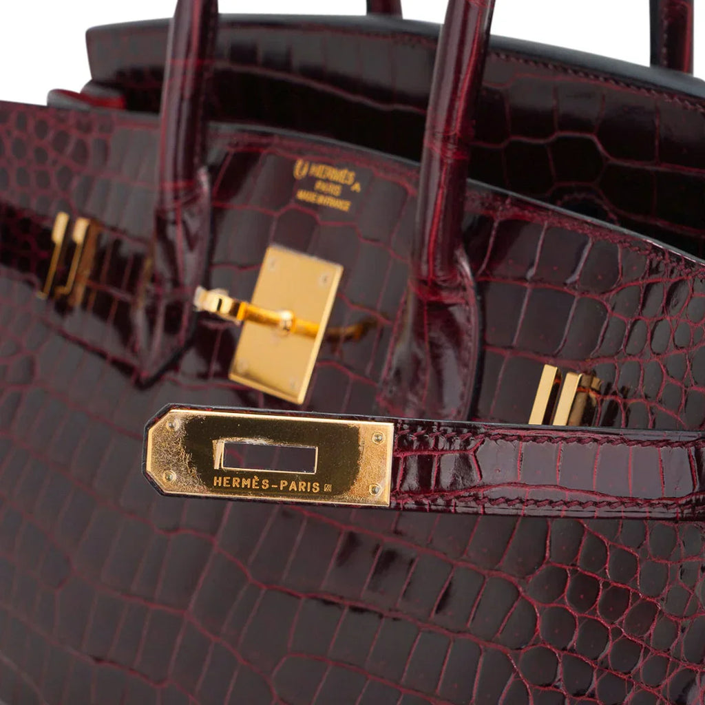 Birkin 35 Bag Bordeaux Porosus Crocodile with Gold Hardware — Polished Top-Handle Bag