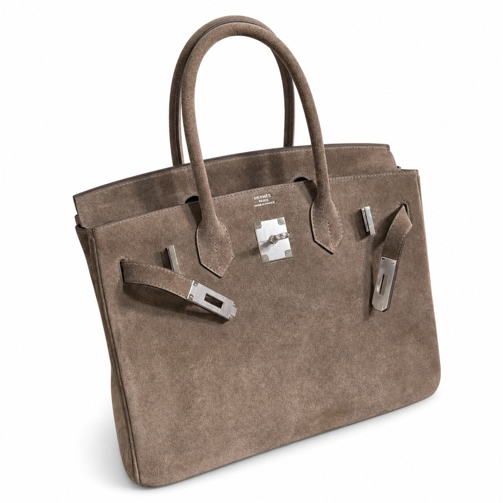 Birkin 30 Retourne in Etoupe Suede Grizzly with White Stitching (Palladium Hardware) — Distinctive Carryall Silhouette