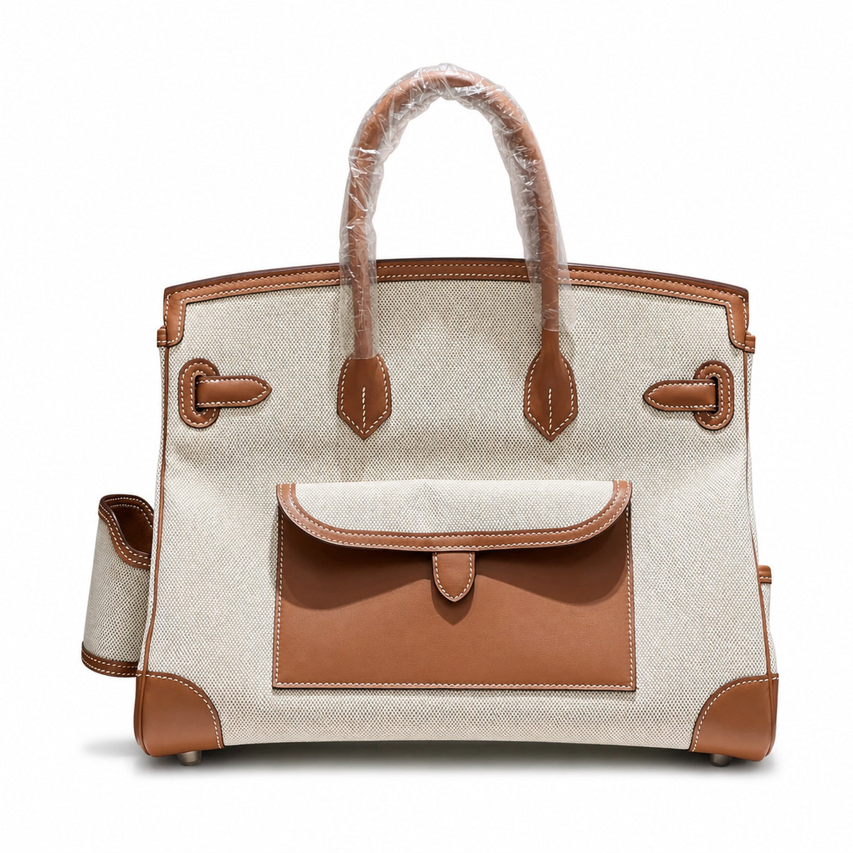 Birkin Cargo 35 Gold Leather and Ecru Canvas Multi-Pocket Bag — Versatile Top-Handle Handbag