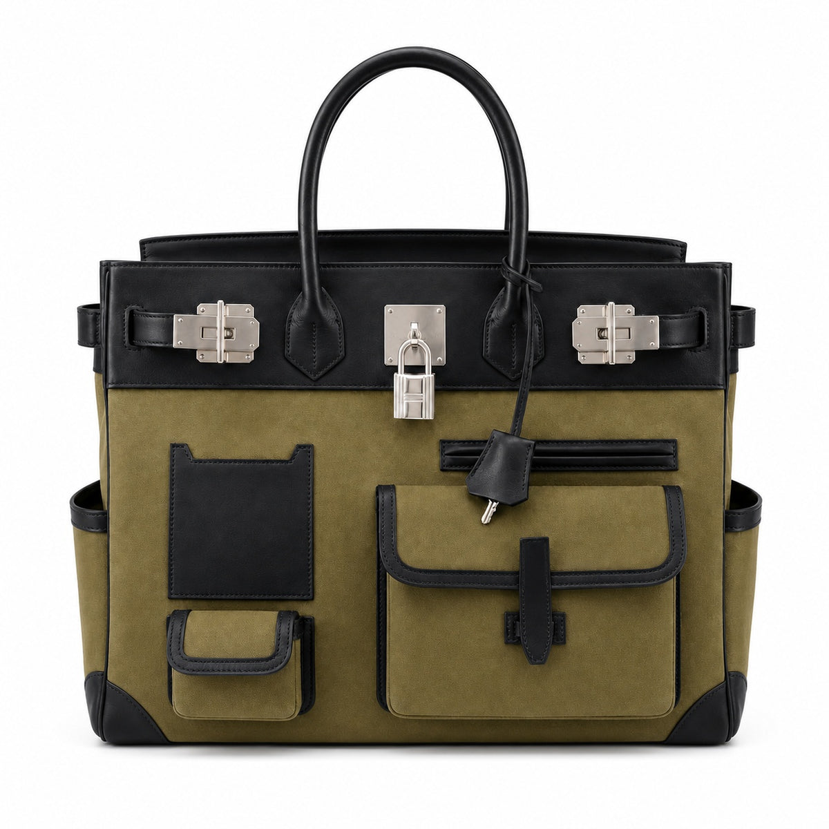 Birkin Cargo 40 Kaki Green Canvas and Black Leather Multi-Pocket Bag — Sophisticated Tote Style