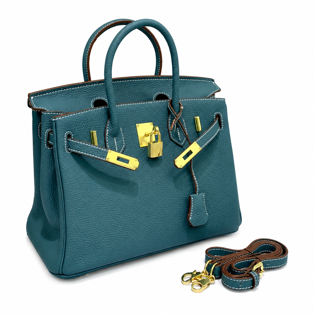Birkin Style Retourne in Malachite Togo Leather (Gold Hardware) — Versatile Top-Handle Handbag
