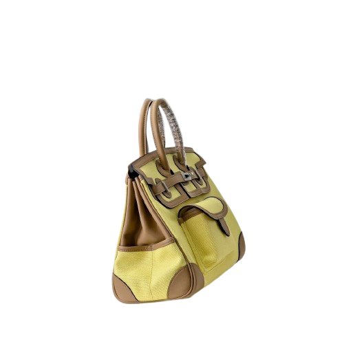 Birkin Cargo 25 Sesame and Lime Yellow Swift Leather Splicing Canvas Bag — Timeless Structured Handbag