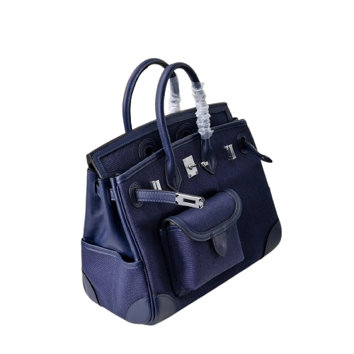 Birkin Cargo 25 Navy Blue Swift Leather and Canvas Splicing Bag — Streamlined Structured Bag