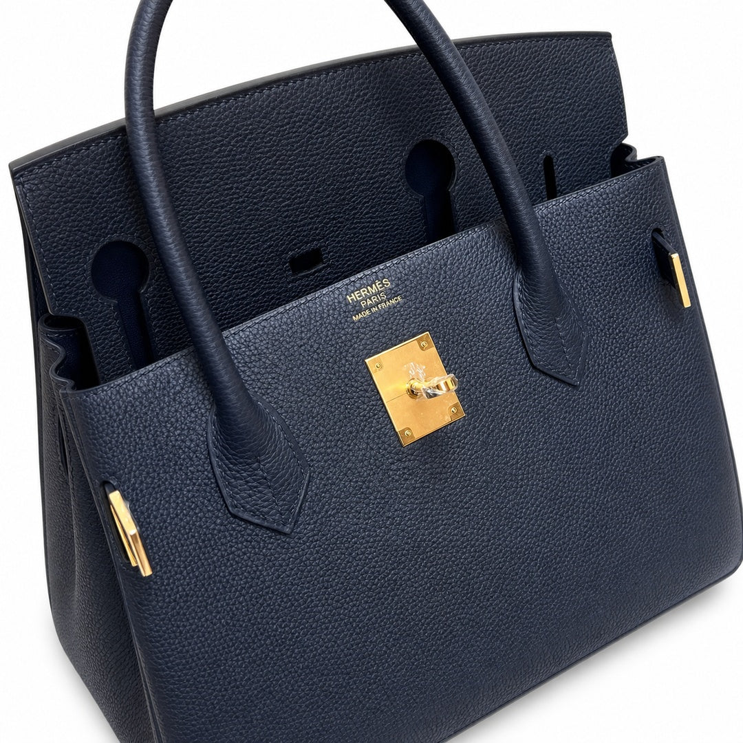 Birkin 30 Retourne in Etoupe Suede Grizzly with White Stitching (Gold Hardware) — Structured Top-Handle Tote