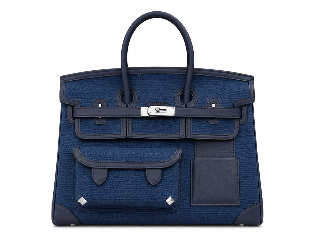 Birkin Cargo 35 in Bleu Marine Toile Goéland and Swift Leather (Palladium Hardware) — Streamlined Structured Bag