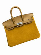 Birkin 25 Retourne in Yellow Swift Leather and Suede Grizzly (Palladium Hardware) — Classic Hand-Carry Tote