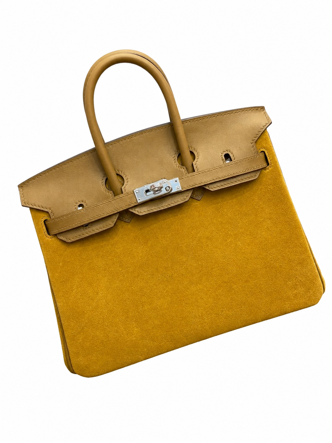 Birkin 25 Retourne in Yellow Swift Leather and Suede Grizzly (Palladium Hardware) — Classic Hand-Carry Tote
