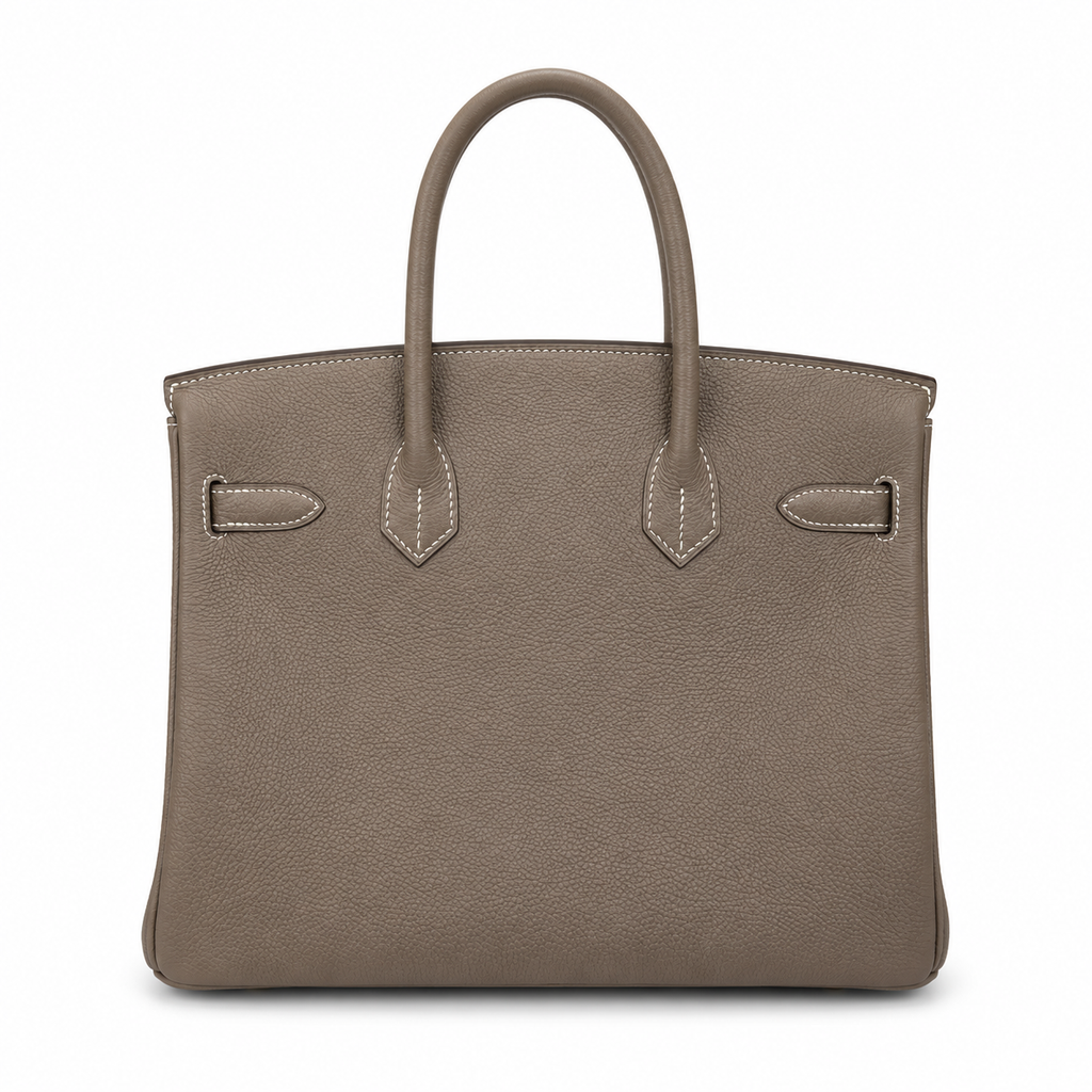 Birkin 30 Retourne in Etoupe Togo Leather with White Stitching (Palladium Hardware) — Classic Hand-Carry Tote