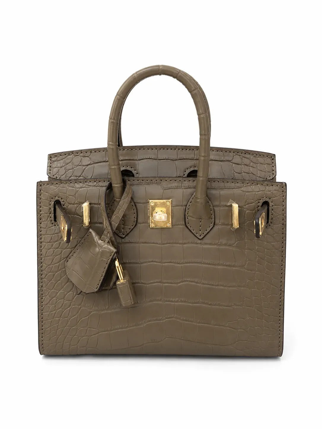Mini Birkin 20cm Outer Stitching Tote Bag in Taupe Crocodile Pattern — Streamlined Structured Bag