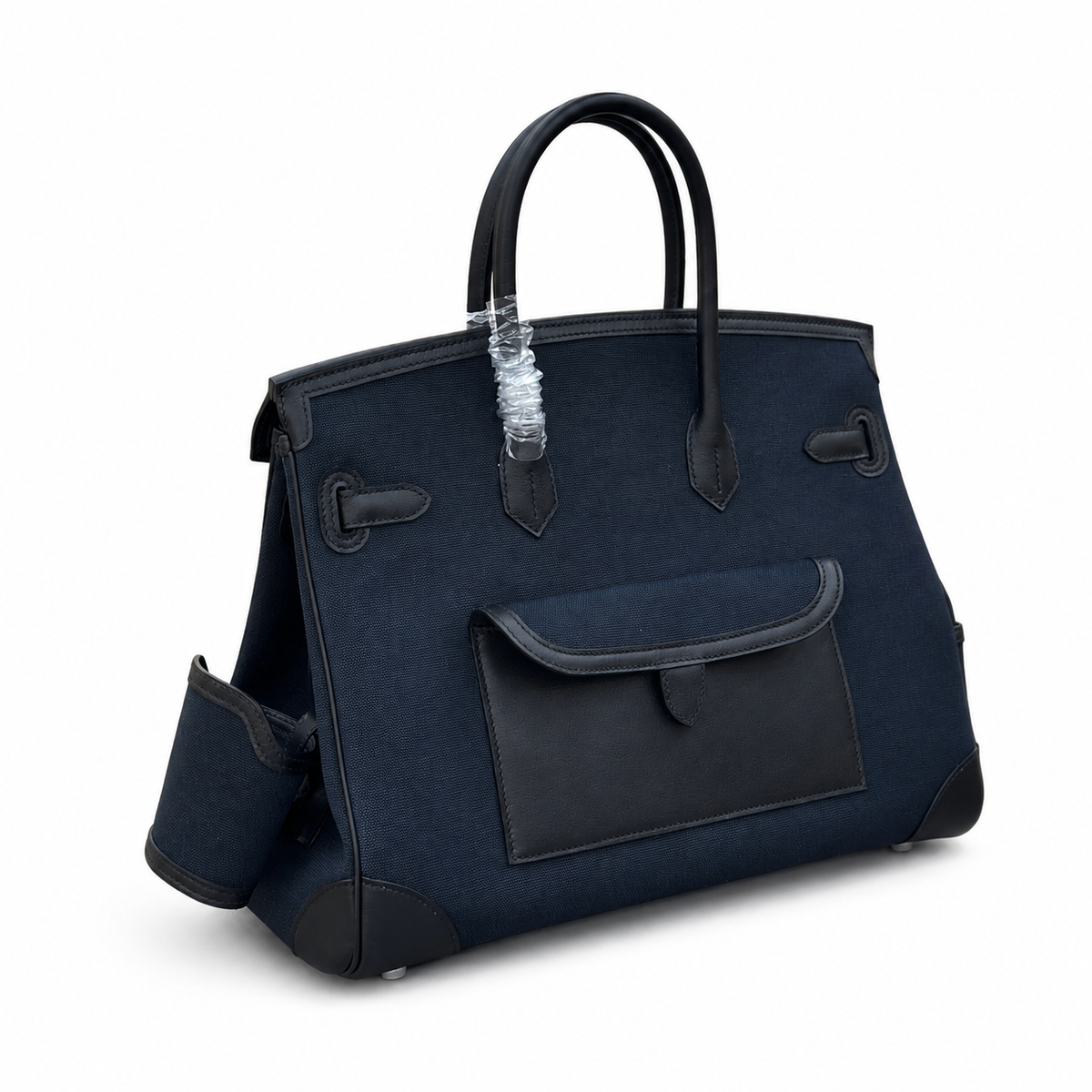 Birkin Cargo 35 in Bleu Encre Toile Goéland and Noir Swift Leather (Palladium Hardware) — Elegant Hand-Carry Design