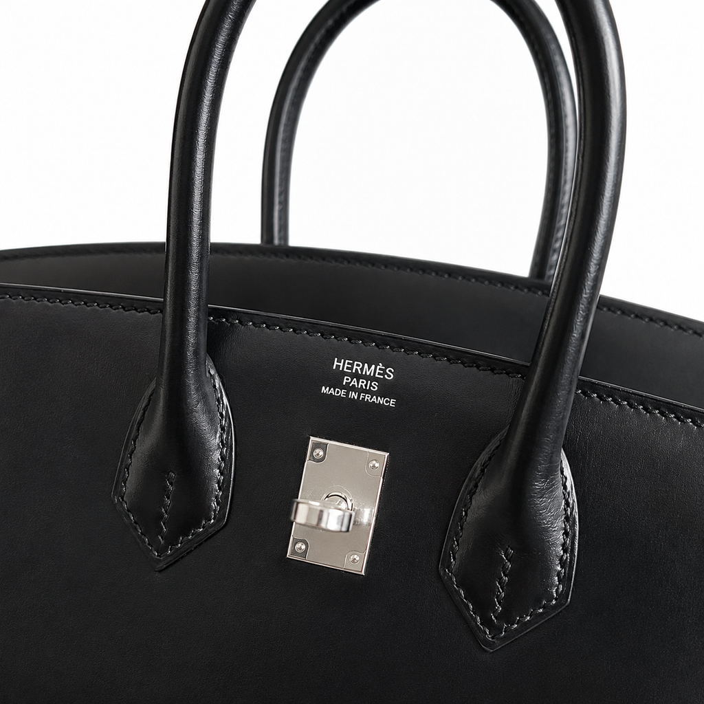 Hermès Birkin 25 Sellier Noir Box Calf Leather Silver Hardware — Polished Top-Handle Bag