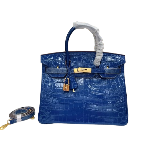 Birkin Blue Croc Embossement Leather Handbags Metal Lock Satchel Bag — Structured Top-Handle Tote