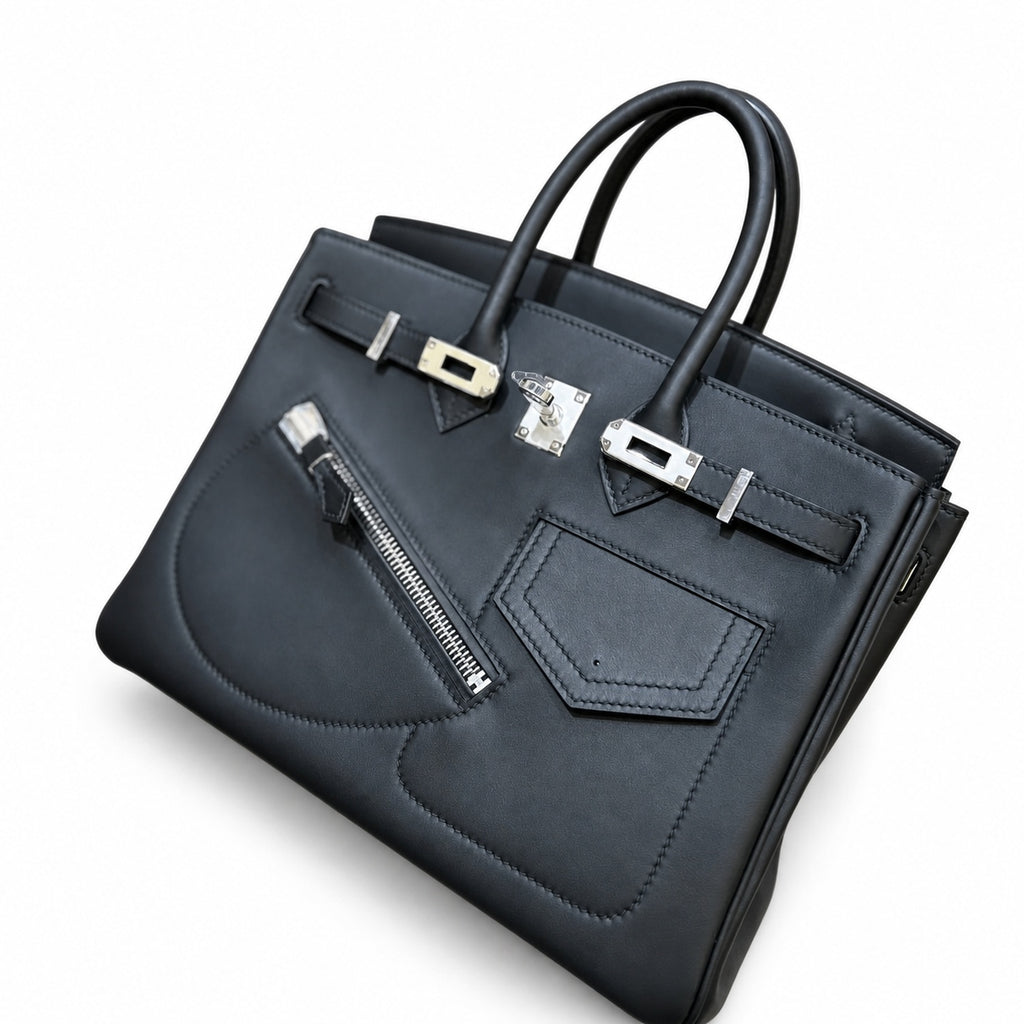 Birkin 25 Rock Black Leather Multi-Pocket Handbag with Chain — Elegant Hand-Carry Design