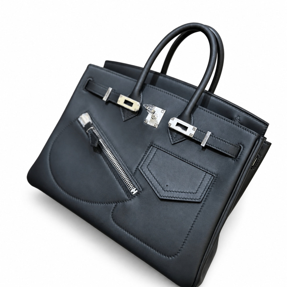 Birkin 25 Rock Black Leather Multi-Pocket Handbag with Chain — Elegant Hand-Carry Design