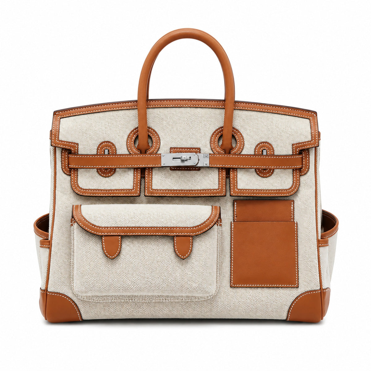 Birkin Cargo 35 Gold Leather and Ecru Canvas Multi-Pocket Bag — Versatile Top-Handle Handbag