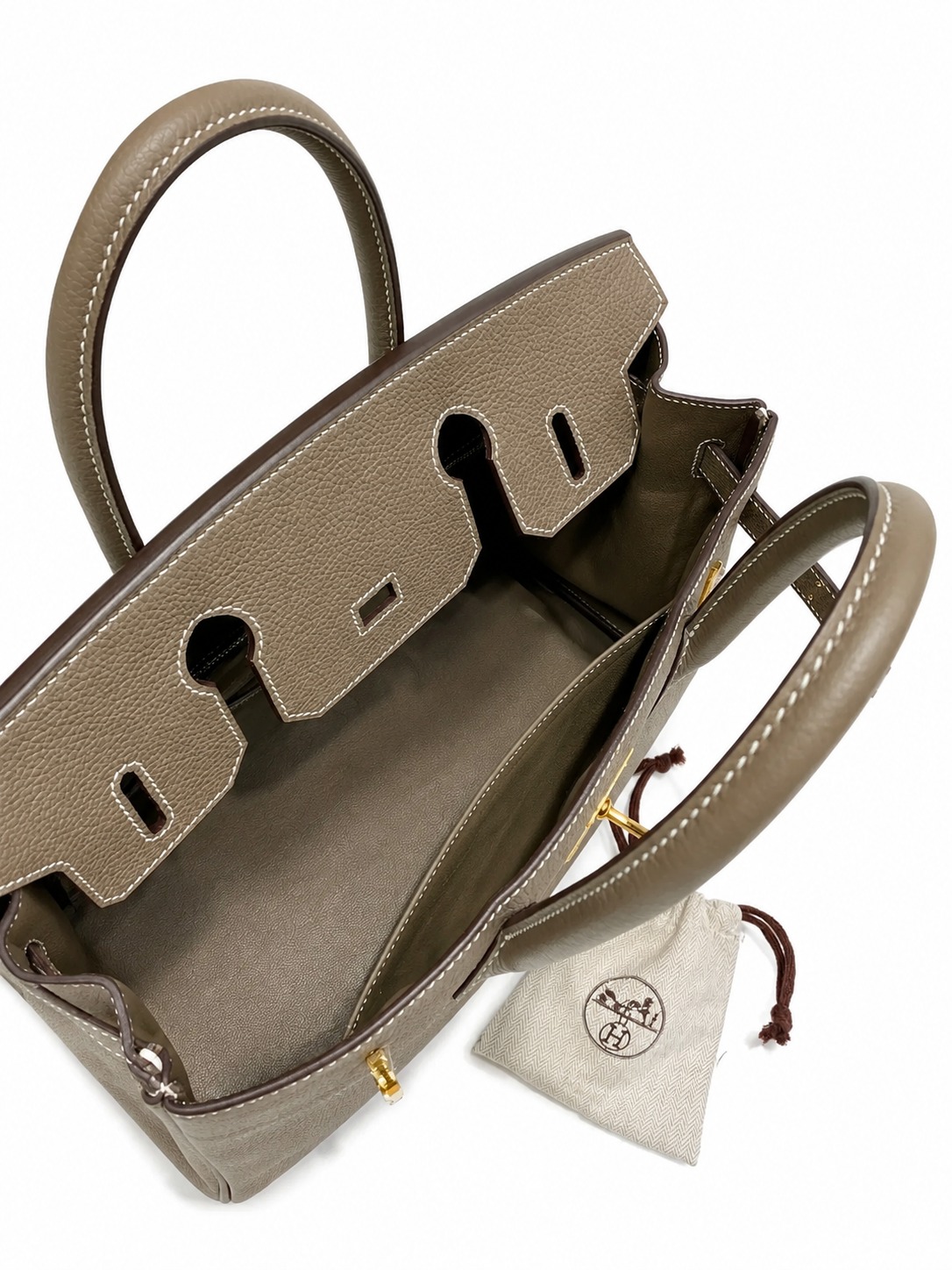 Birkin 30 Retourne in Etoupe Togo Leather with White Stitching (Gold Hardware) — Distinctive Carryall Silhouette