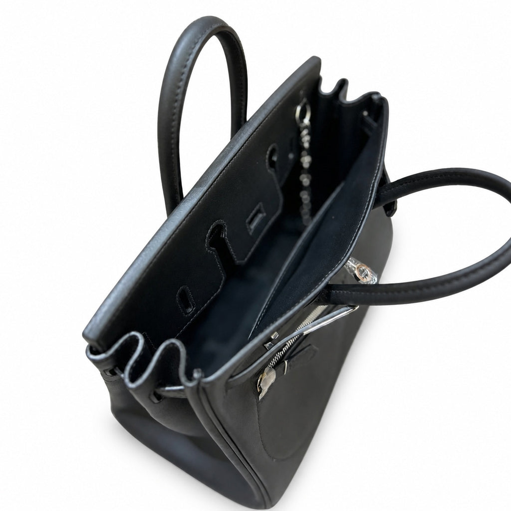 Birkin 25 Rock Black Leather Multi-Pocket Handbag with Chain — Elegant Hand-Carry Design