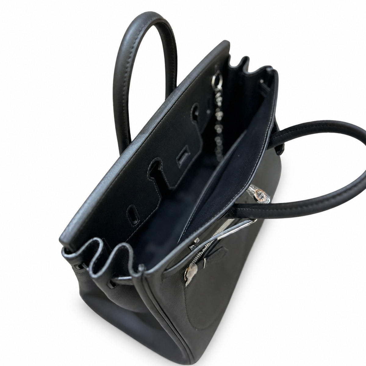 Birkin 25 Rock Black Leather Multi-Pocket Handbag with Chain — Elegant Hand-Carry Design