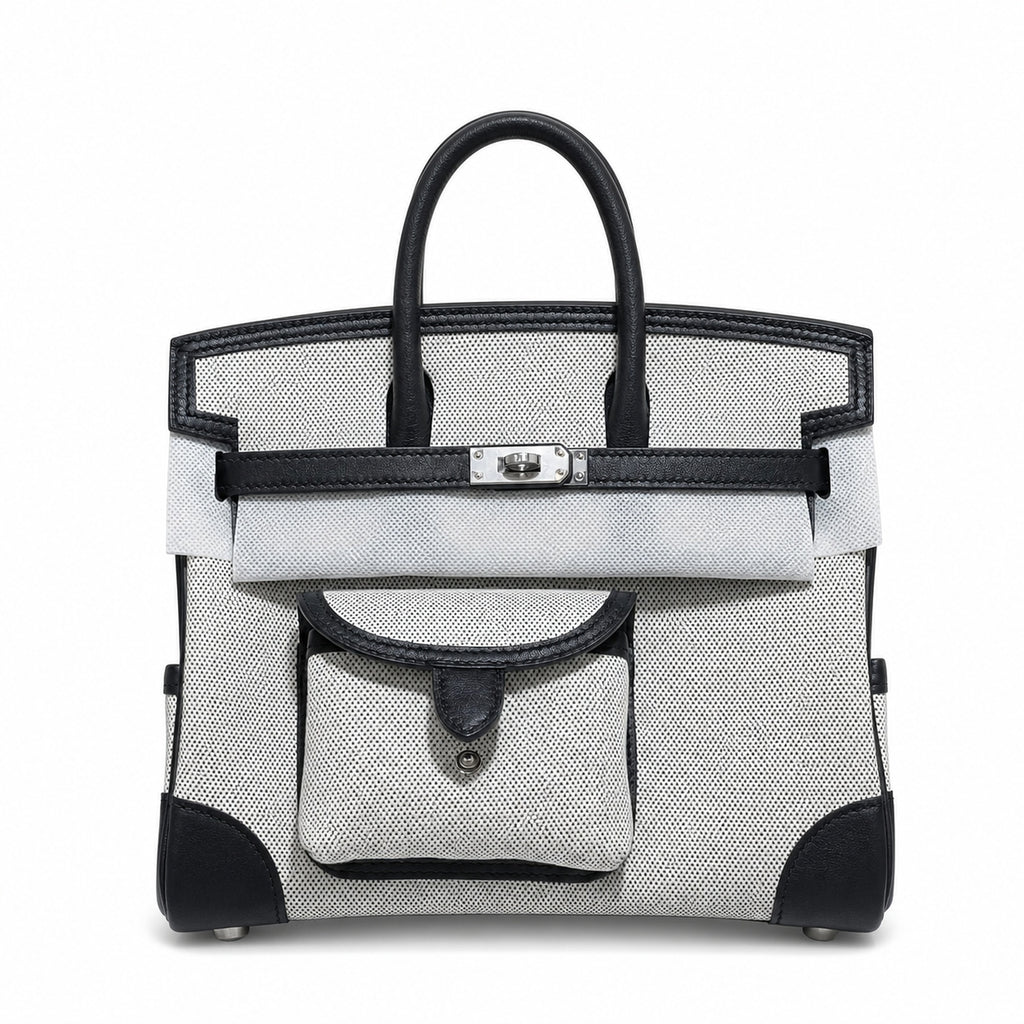 Birkin Cargo 25 Black Leather and Ecru Canvas Multi-Pocket Mini Bag — Classic Hand-Carry Tote