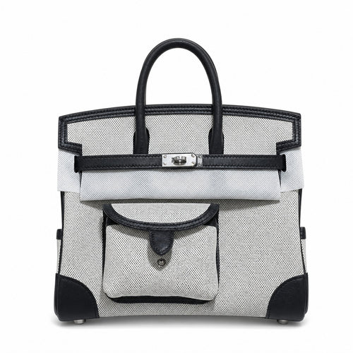 Birkin Cargo 25 Black Leather and Ecru Canvas Multi-Pocket Mini Bag — Classic Hand-Carry Tote