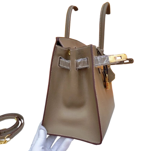 Birkin Style 25/30 Sellier in Etoupe Epsom Leather with White Stitching (Gold Hardware) — Distinctive Carryall Silhouette