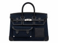 Birkin Cargo 35 in Bleu Nuit Toile Goéland and Noir Swift Leather (Palladium Hardware) — Polished Top-Handle Bag