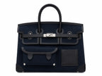 Birkin Cargo 35 in Bleu Nuit Toile Goéland and Noir Swift Leather (Palladium Hardware) — Polished Top-Handle Bag