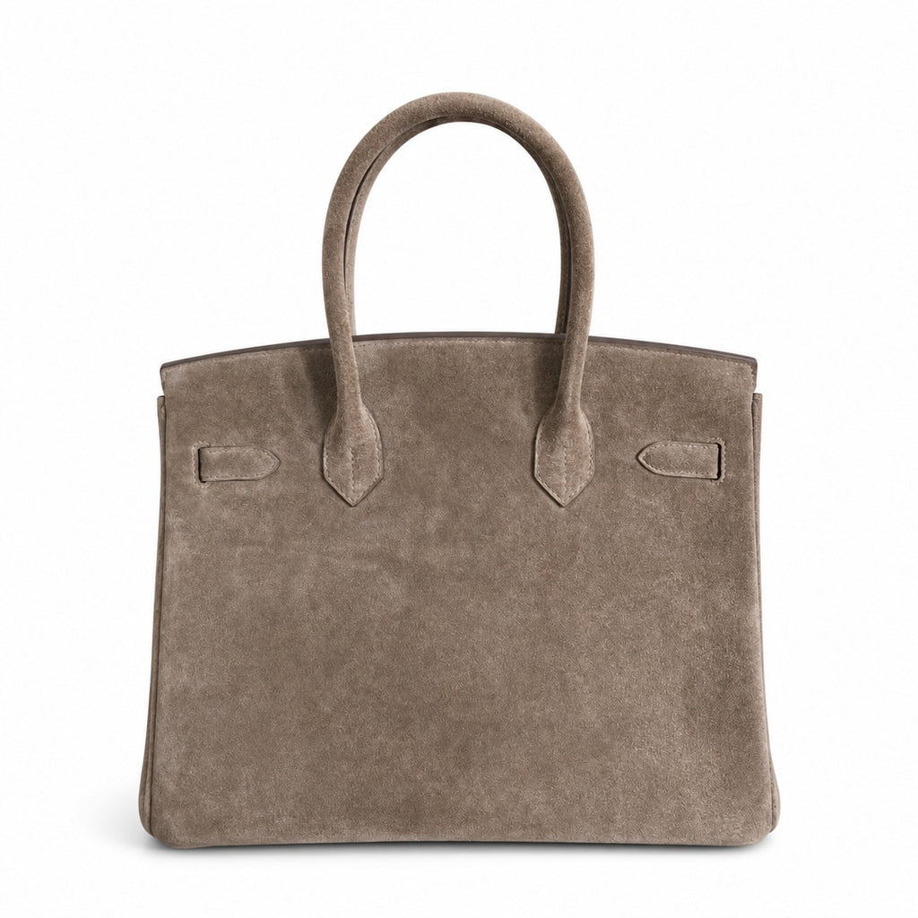 Birkin 30 Retourne in Etoupe Suede Grizzly with White Stitching (Palladium Hardware) — Distinctive Carryall Silhouette