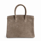 Birkin 30 Retourne in Etoupe Suede Grizzly with White Stitching (Palladium Hardware) — Distinctive Carryall Silhouette