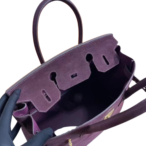 Birkin 30 Retourne in Bordeaux Suede Grizzly with White Stitching (Gold Hardware) — Classic Hand-Carry Tote