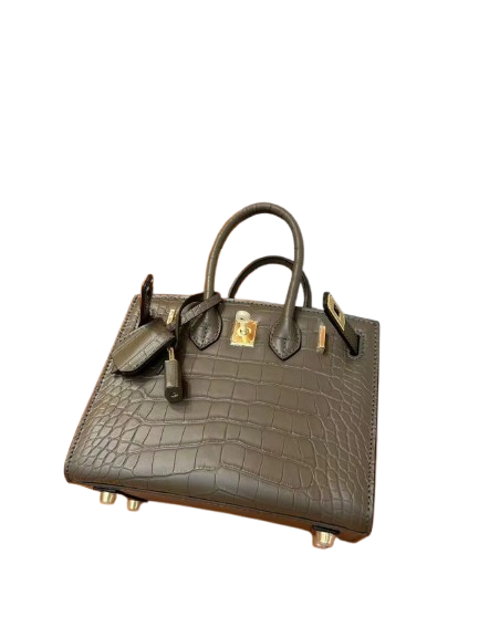 Mini Birkin 20cm Outer Stitching Tote Bag in Taupe Crocodile Pattern — Streamlined Structured Bag
