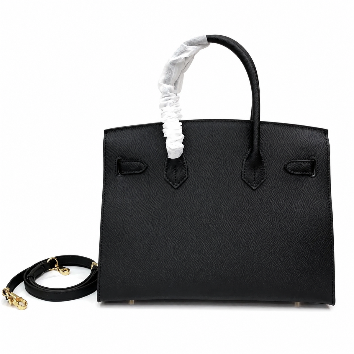 Birkin Style 25/30 Sellier in Noir Epsom Leather (Gold Hardware) — Polished Top-Handle Bag