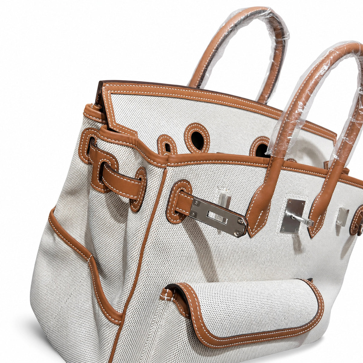 Birkin Cargo 35 Gold Leather and Ecru Canvas Multi-Pocket Bag — Versatile Top-Handle Handbag