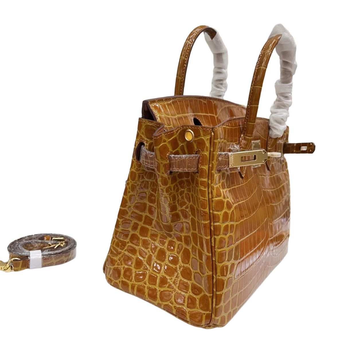 Birkin Style 25/30/35 Retourne in Miel/Gold Crocodile-Embossed Leather (Gold Hardware) — Refined Structured Tote