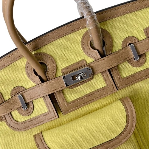 Birkin Cargo 25 Sesame and Lime Yellow Swift Leather Splicing Canvas Bag — Timeless Structured Handbag