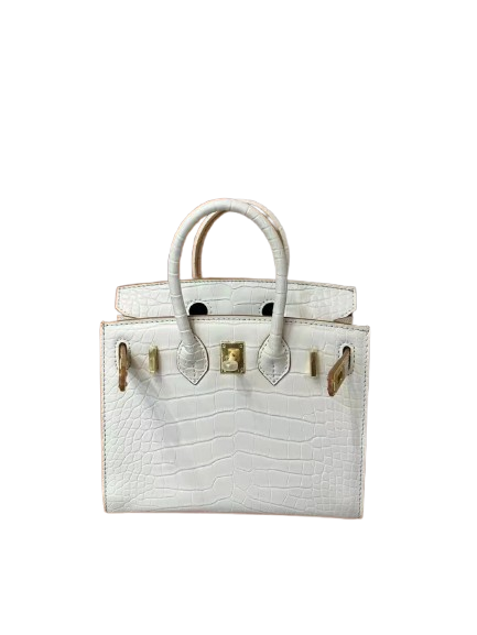 Mini Birkin 20cm Outer Stitching Tote Bag in Pure White Crocodile Pattern — Refined Structured Tote