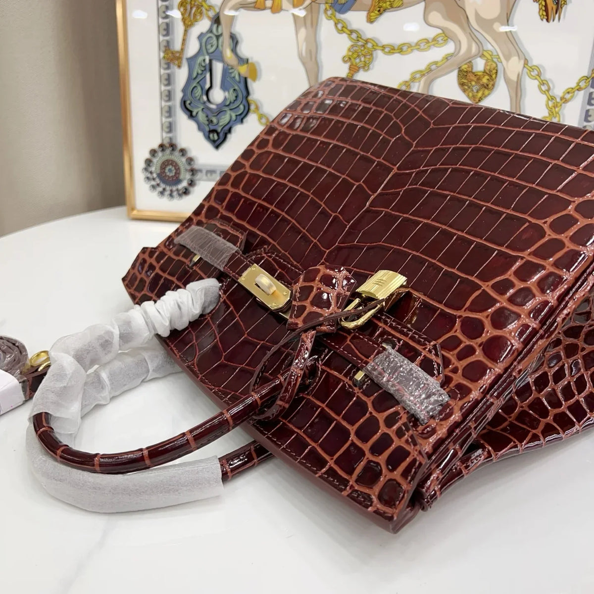 Birkin Bordeaux Shiny Porosus Crocodile Gold Hardware — Timeless Structured Handbag