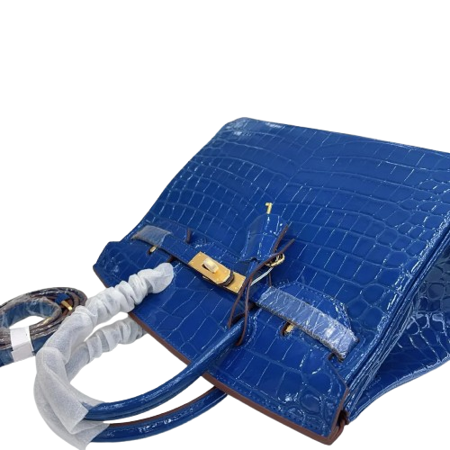 Birkin Blue Croc Embossement Leather Handbags Metal Lock Satchel Bag — Structured Top-Handle Tote