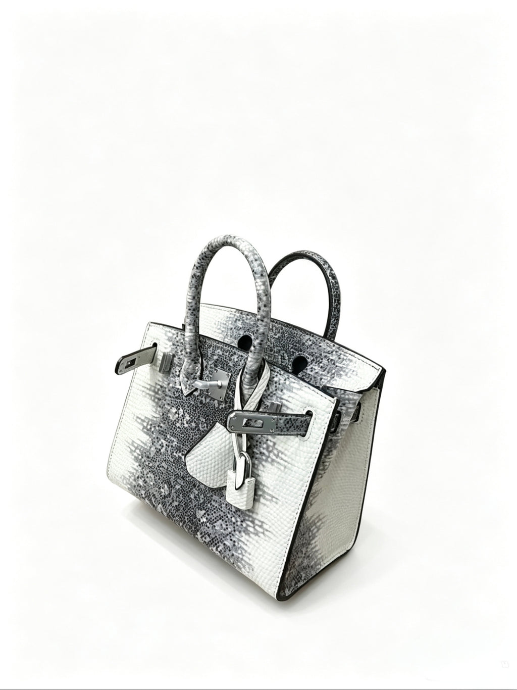 Mini Birkin 20cm Outer Stitching Tote Bag in Two-Tone Snow White Lizard Pattern — Versatile Top-Handle Handbag