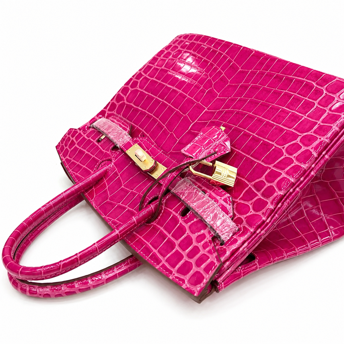 Birkin Style 25/30/35 Retourne in Rose Schéhérazade Crocodile-Embossed Leather (Gold Hardware) — Streamlined Structured Bag