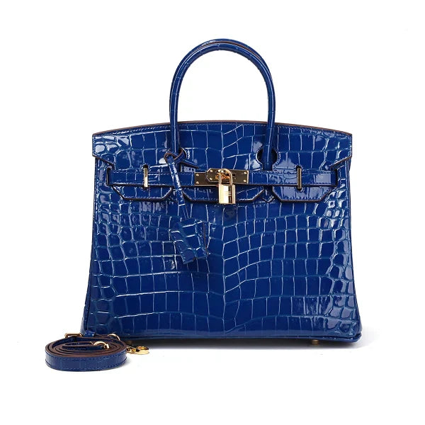 Birkin Blue Croc Embossement Leather Handbags Metal Lock Satchel Bag — Structured Top-Handle Tote