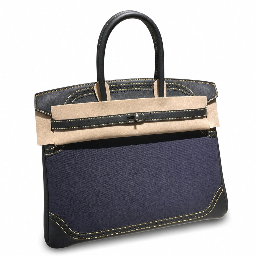 Birkin Ghillies 30 Black Leather and Navy Blue Denim Splicing Bag — Refined Structured Tote
