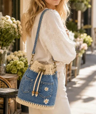 Multi Pastel Textured Bucket Bag with Gold & Wood Bead Hardware for Daily Casual Outfits